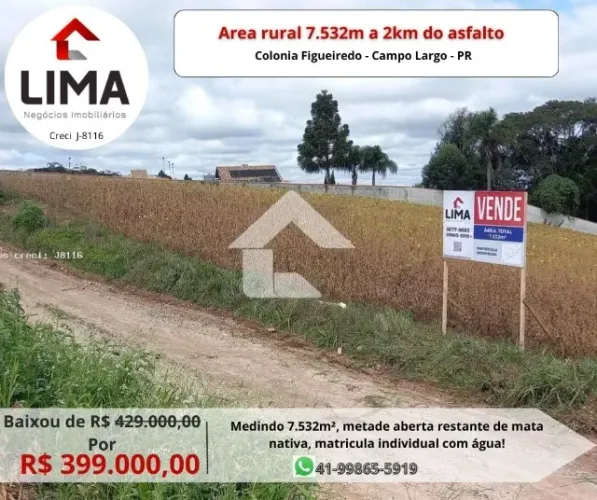Área Rural chácara 7.532,00 m² a venda, Col Figueiredo/Campo Largo-PR a 2,5km do asfalto