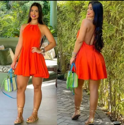 Vestido vermelho coral Curto com Decote Halter