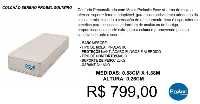 Colchão solteiro em molas sereno probel - entrega gratuita !