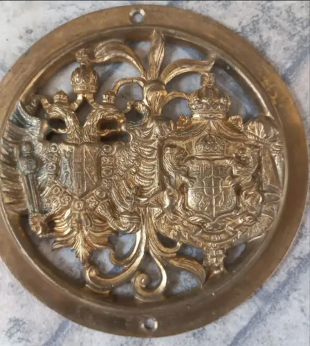 Adorno de Piano de armário Hupfold Grunert brasão latão bronze metal enfeite decoração uso