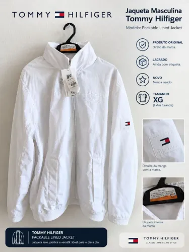Jaqueta masculina Tommy Hilfiger na cor branca - XG. <br><br>Jaqueta estilo corta-vento náutico