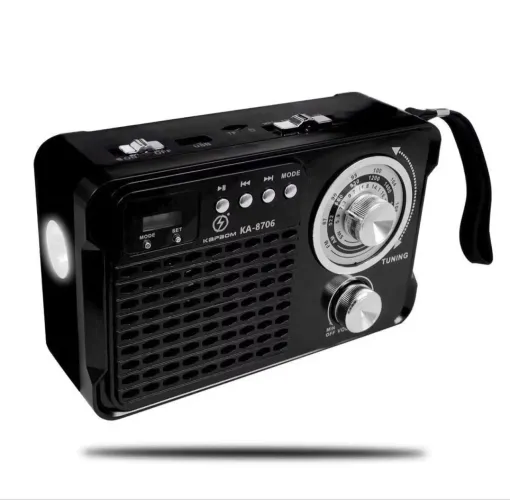 RÁDIO RECARREGÁVEL, AM, FM, SW, USB, MP3, BLUETOOTH, AUX., CT DE MEMÓRIA E LANTERNA.