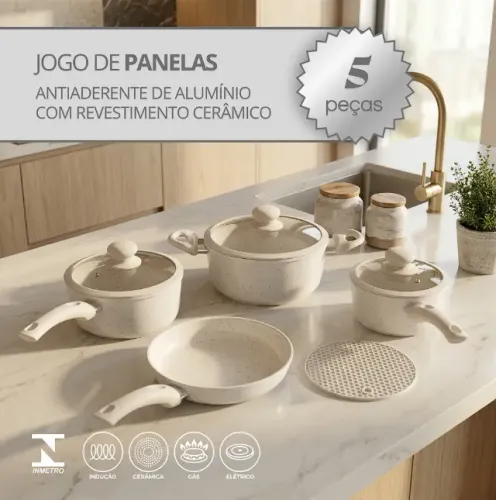 Jogo Panela de Ceramica Antiaderente 5pç Tampa Silicone e Indução