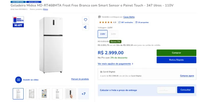 Geladeira Midea MD-RT468MTA frost free Branca com Smart Sensor e Painel Touch-347 litros -