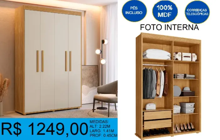 Roupeiro com 4 Portas 2 Gavetas e Sapateira