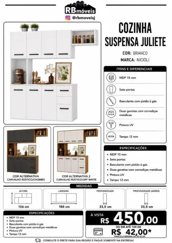 Cozinha Suspensa Juliete 1,80m 7 Portas 2 Gavetas Branca