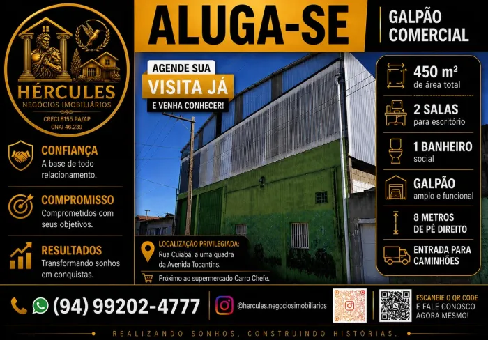 AMPLO GALPÃO 450 MTS COM PÉ-DIREITO DE 8M EM MARABÁ - PA