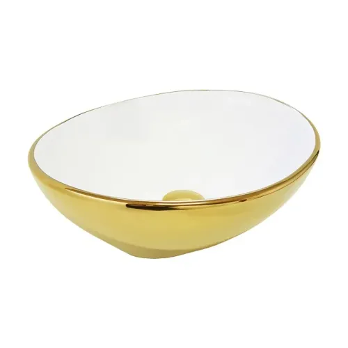 Cuba Banheiro Cerâmica Branca e Dourada Oval 41cm Reno RC 8000 Com defeito na pintura
