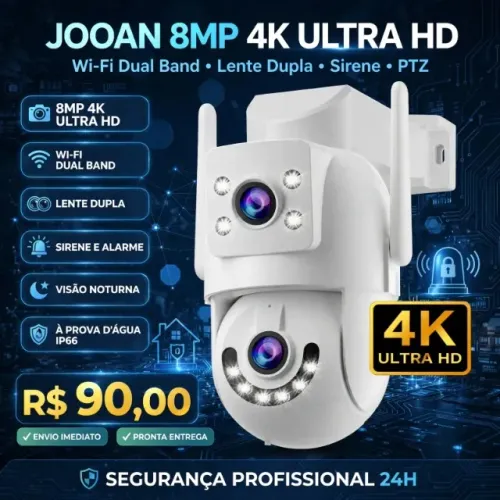 Câmera de Segurança Jooan 8MP 4K UHD Wi-Fi Dual Band com Lente Dupla e Sirene