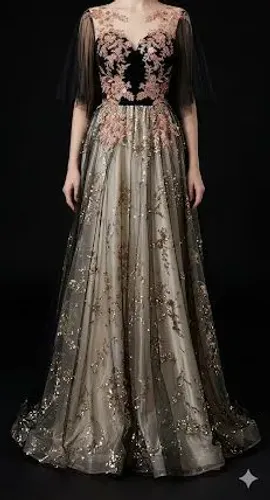 Vestido de festa preto e pérola, com detalhes rosa. Usado uma vez.