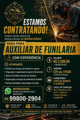 Contrato Preparador com experiência na área de funilária contratação imediata.