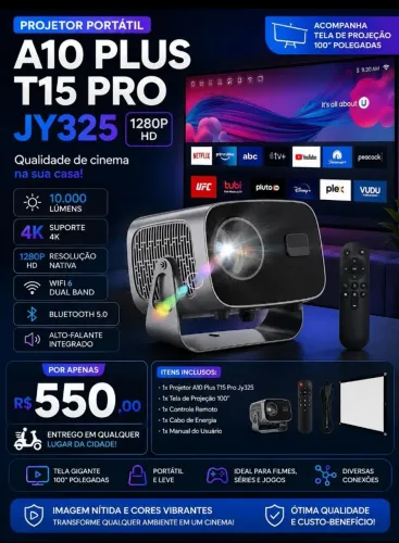 Projetor Portátil 4k A10 Plus T15 Pro Jy325 1280p Hd 10000lm 