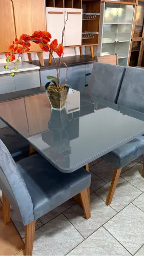 Mesa Com 04 Cadeiras Vidro Cinza Nova
