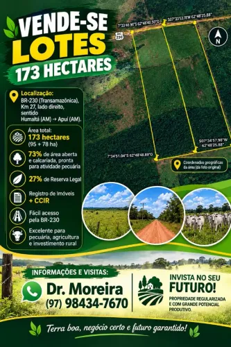 Vendo 173 hectares - 73% area aberta - pasto calcareado
