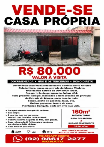 Vendo linda casa documentada, quase na entrada do manoa, colônia santo Antônio cidade nova