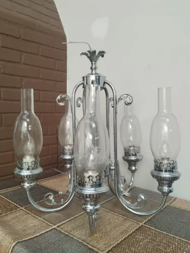 Lustre colonial prateado 5 braços
