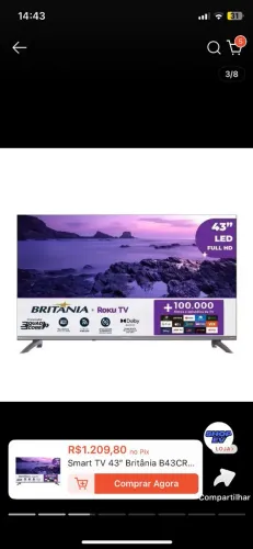 Tv Britânia 43 Polegadas SMART com 100 Mil Filmes e Séries.
