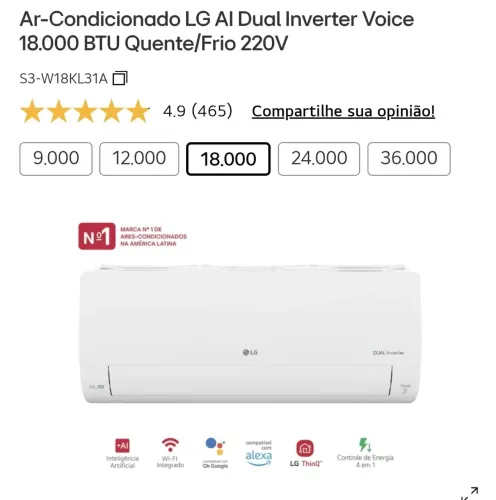 Ar Condicionado Split Dual Inverter LG Voice + AI Quente/Frio, 18.000 Btus 220v