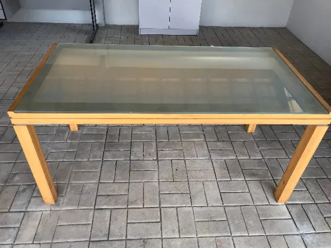 Mesa Madeira e Tampo de Vidro Jateado
