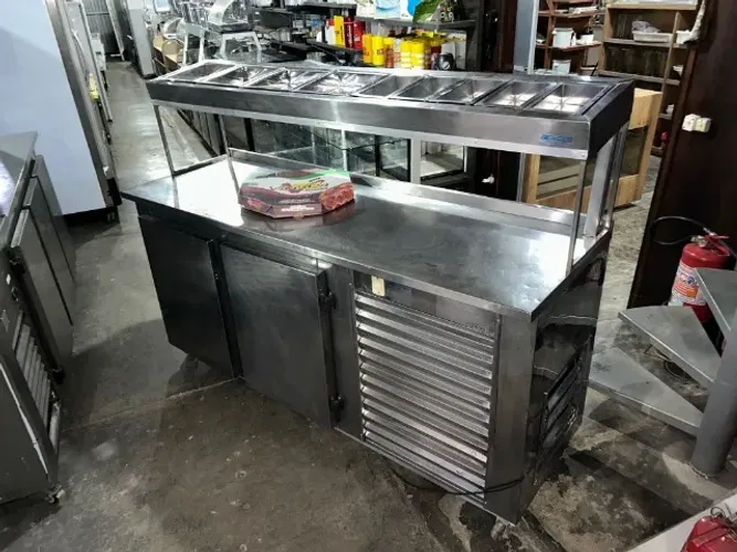 balcão pizzaiolo - em inox - c/ 9 cubas refrigeradas -medindo 2mt - c. rodas/ac. proposta