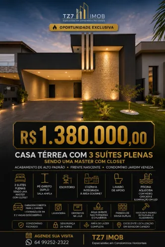 Casa térrea com 3 suítes plenas, sendo uma master com closet, localizada no Condomínio Ja