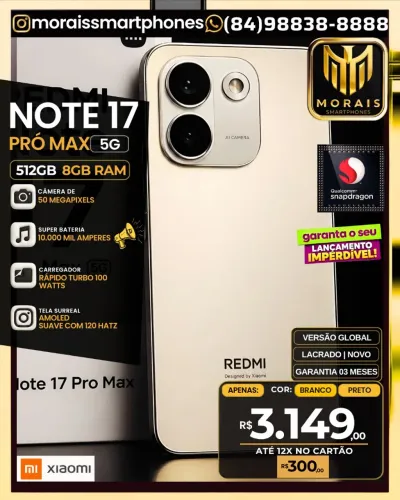 Redmi Note 17 Pró Max 5G - 512GB | 8GB RAM - Preto, Titanium - GARANTIA 03 MESES |
