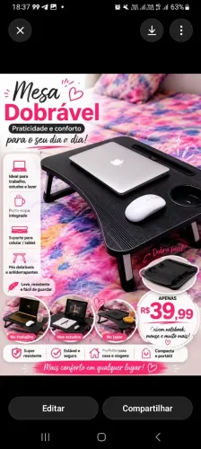 Mesa dobrável de notebook com porta copo e suporte pra celular