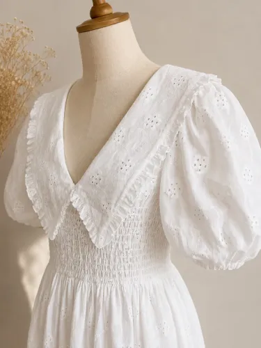 vestido midi indefeir branco em laise com manga bufante