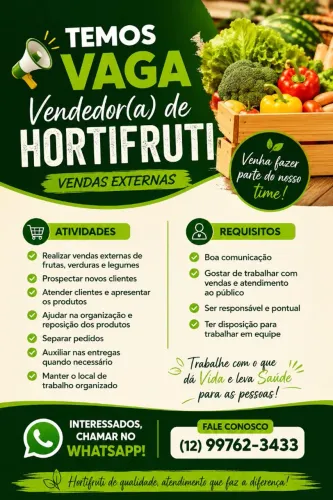 VAGA FREELANCER - VENDEDOR(A) EXTERNO DE HORTIFRUTI