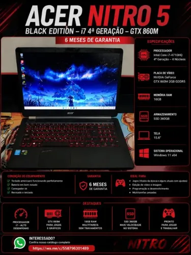 Notebook Gamer Acer Nitro 5 Black Edition i7 4ª Geração - 6 Meses de Garantia