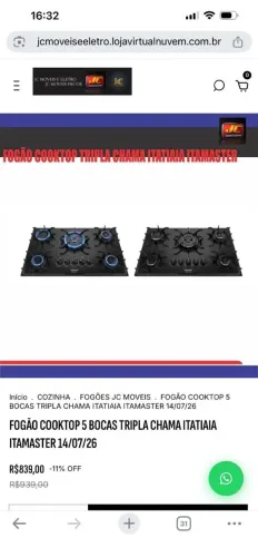 FOGÃO COOKTOP ITATIAIA TRIPLA CHAMA