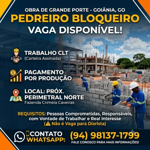 Vaga de emprego em Goiânia - R$ 10.560,00 Pedreiro Bloqueiro Produção - CLT