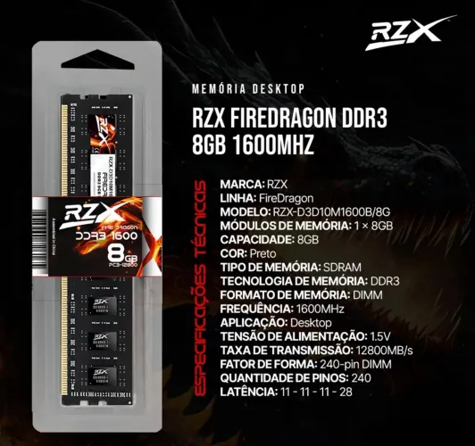 Memória RAM DDR3 8GB Desktop RZX Gamer Fire Dragon 1600MHz 1.5V PC3-12800 Dimm Preto