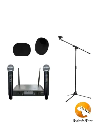 MICROFONE DINÂMICO SEM FIO DUPLO LEXSEN LM502M C/ ESPUMA E SUPORTE PARA MICROFONE