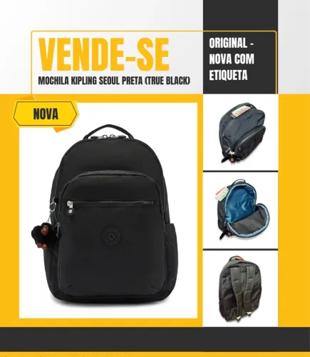 Mochila Kipling modelo Seoul na cor True Black (preto clássico)