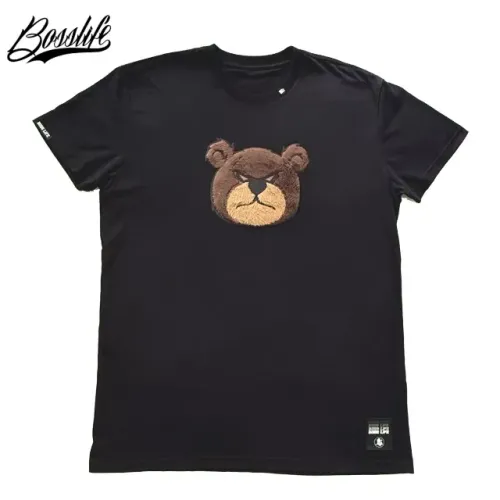 boss life - camiseta preta aplique textura urso