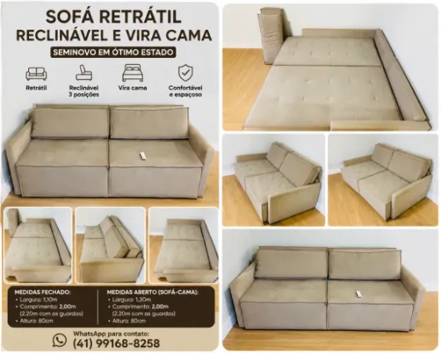 Sofá Retrátil e Reclinável 2m | Vira Cama | 3 Regulagens