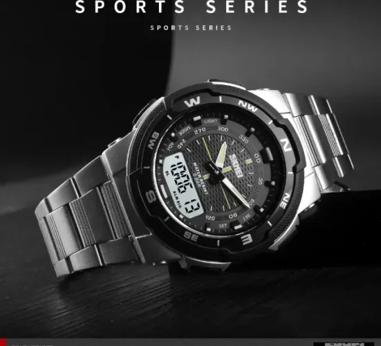 Relógio Skmei Dual Time Analógico Digital Aço Inox Bisel Preto