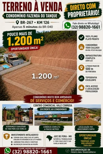 OPORTUNIDADE! SÓ R$79.000,00 - TERRENO 1.200 m² Todo Plano no Condomínio Fazenda do Tanque