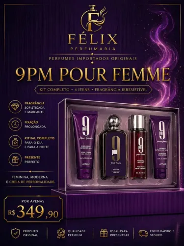 Kit 9PM Pour Femme Afnan Completo Perfume + Body Mist + Hidratante
