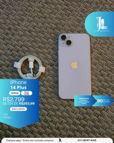 IPHONE 14 PLUS, 5G, 128GB, CHIP ESIM, ROXO, SEMINOVO , EXCLUSIVO!