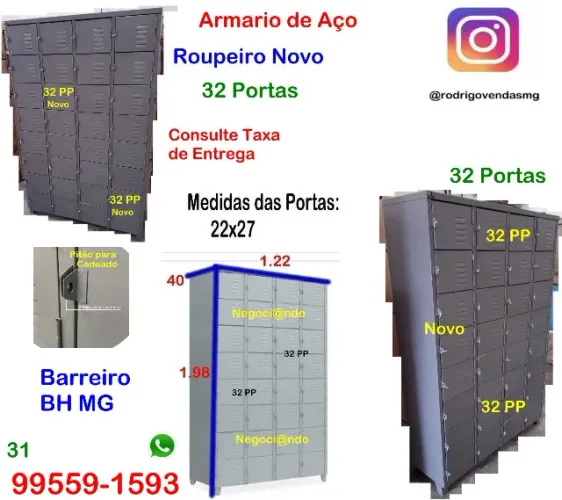 Escaninho Armario de Aço 32 Portas roupeiro Volume Industria Academia Vestiário comercio