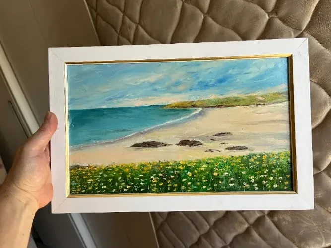 lindo quadro desenhado a mão tinta óleo tema praia Novo