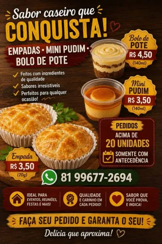 Empadas, Mini Pudim e Bolo de pote.