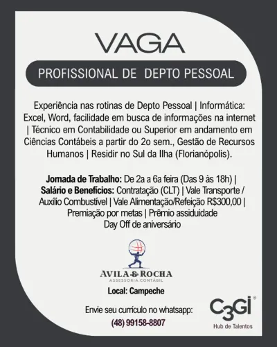 Vaga: Profissional de Depto Pessoal - Bairro: Campeche