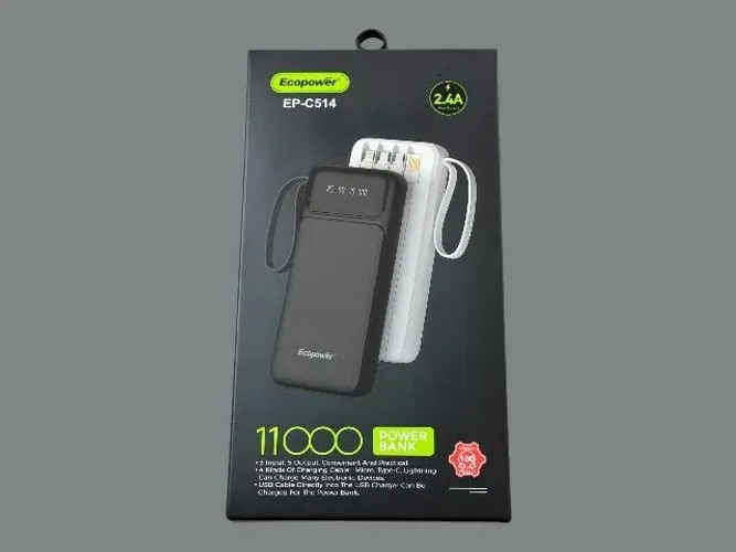 Carregador Portátil Ecopower 11000mAh c/ Cabos iPhone e Android Embutidos