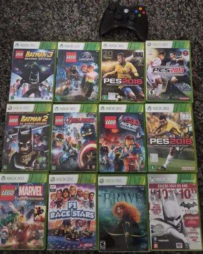 12 jogos de xbox 360, e 1 controle original zero todos os lego com códigos de personagem