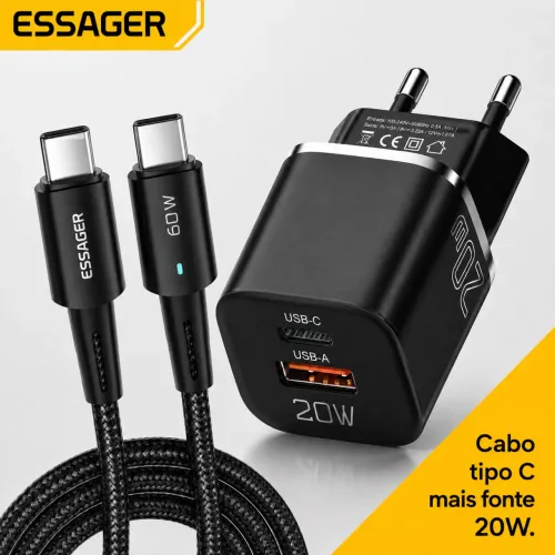 Kit Essager - Carregador GaN 20W + Cabo USB-C 60W 1m