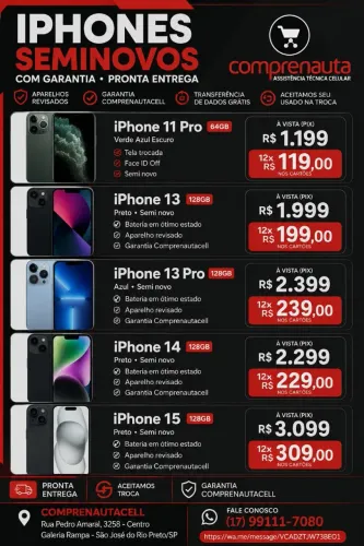 Lote iPhones Semi Novos 11pro 13pro 13 14 e 15 pronta entrega loja física Parcela 12x veja