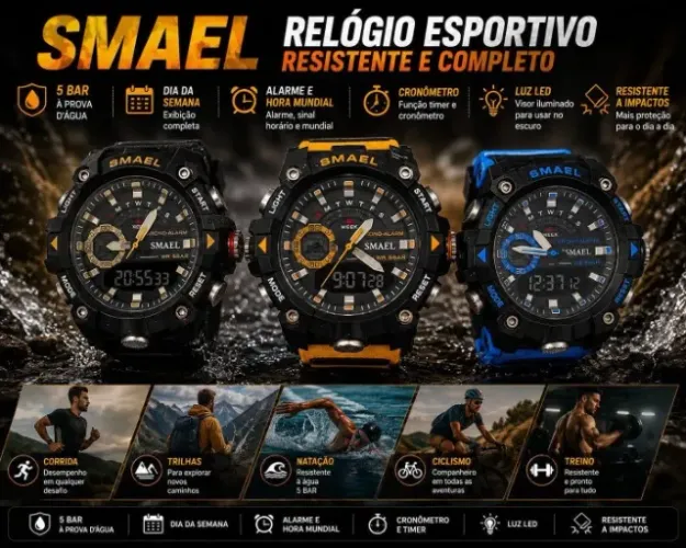SMAEL-Relógio de pulso impermeável Dual Time Display para homens